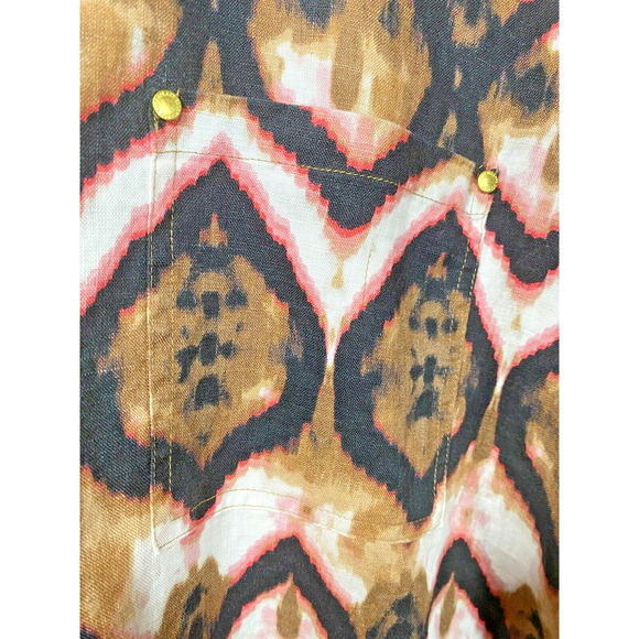 Ellen Tracy Ikat Print Linen Tunic Blouse Rollback Sleeves Pocket Women's XLARGE - Picture 5 of 10